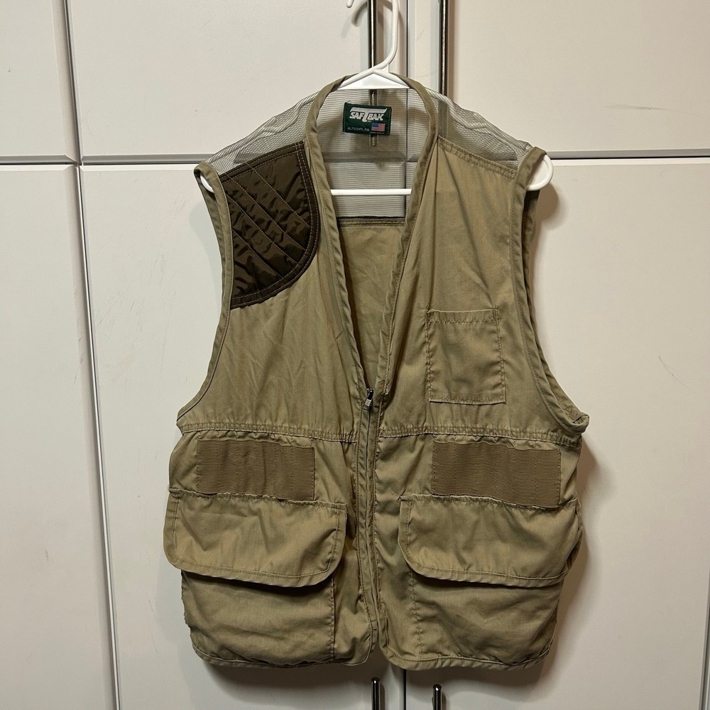 Vintage Saf-T-Bak Mens Tan Cotton Mesh Shooting Hunting Vest Made in USA B1181
